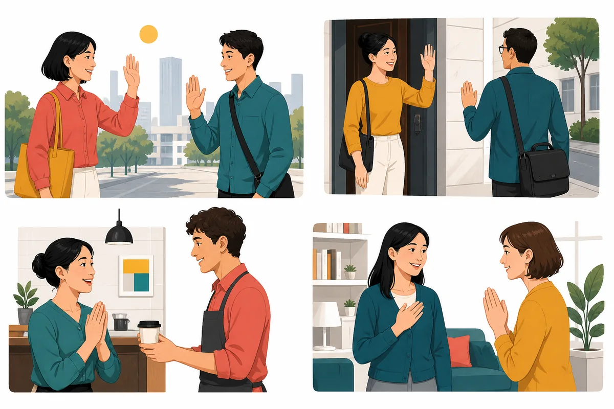 Quatre scènes illustrant bonjour, merci et au revoir