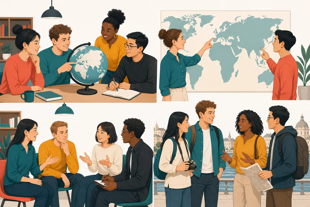 Quatre scènes de discussion autour des pays et des langues